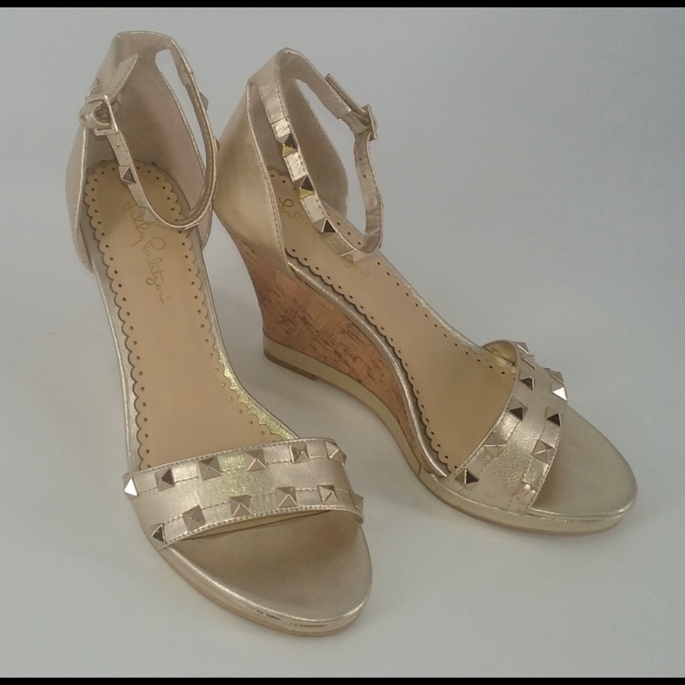 Lilly Pulitzer Gold Studded Sydney Wedge, Size 9